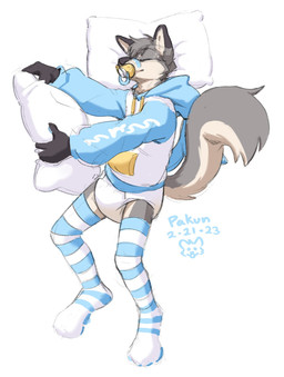 ambiguous_gender anthro band-aid band-aid_on_face band-aid_on_nose bandage bandage_on_face bandage_on_nose black_body black_claws black_ear_tips black_finger_claws black_fur black_nose blue_band-aid blue_pawpads bodily_fluids claws clothed clothing diaper dipstick_ears ear_markings eyes_closed femboy finger_claws footwear fur genital_fluids grey_body grey_fur grey_tail high-angle_view holding_object holding_pillow legwear markings multicolored_body multicolored_clothing multicolored_ears multicolored_footwear multicolored_fur multicolored_hoodie multicolored_legwear multicolored_socks multicolored_thigh_highs multicolored_thigh_socks object_in_mouth on_pillow pacifier pacifier_in_mouth pattern_clothing pattern_footwear pattern_legwear pattern_socks pattern_thigh_highs pattern_thigh_socks pawpads pillow simple_background sleeping smile socks solo spots spotted_body spotted_face spotted_fur striped_clothing striped_footwear striped_legwear striped_socks striped_thigh_highs striped_thigh_socks stripes tail tan_body tan_fur tan_inner_ear tan_spots tan_tail thigh_highs thigh_socks two_tone_clothing two_tone_footwear two_tone_legwear two_tone_socks two_tone_tail two_tone_thigh_highs two_tone_thigh_socks unclean_diaper urine used_diaper wearing_diaper wet_diaper white_background white_diaper white_pillow yellow_pacifier foxehhyz pakun canid canine canis mammal wolf 2023 dated full-length_portrait hi_res portrait signature