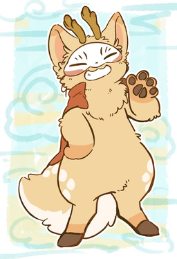 anthro cape chest_tuft clothing grin hand_pawpads kemono male mask red_cape red_clothing smile solo tuft tooboe_huusuke fabulous_beasts sibuxiang_the_deer_(fabulous_beasts) deer mammal 2025 absurd_res full-length_portrait hi_res portrait