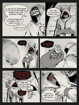 3_eyes anthro coin crossed_arms dialogue grin holding_bag holding_coin holding_object male male_anthro multi_eye red_eyes sharp_teeth smile speech_bubble teeth text tusks aveloka narinder domestic_cat felid feline felis mammal suid suine sus_(pig) wild_boar 2025 comic digital_drawing_(artwork) digital_media_(artwork) english_text hi_res spot_color