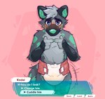 anthro blue_eyes blush blush_lines bodily_fluids claws clothed clothing countershade_fur countershading dating_sim dialogue dialogue_box diaper diaper_only fur gameplay_mechanics genital_fluids green_claws green_inner_ear green_nose green_spots grey_body grey_fur index_to_index looking_at_viewer male pink_background question shy simple_background solo spots standing tail tail_motion tailwag topless unclean_diaper urine used_diaper user_interface wearing_diaper wet_diaper cookiebandit kodai hyena mammal 2024 colored