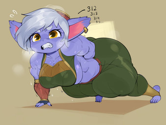 belt big_breasts big_butt big_ears blue_body bottom_heavy bottomwear breasts butt cleavage clenched_teeth clothed clothing crop_top exercise female hair huge_butt huge_hips huge_thighs humanoid_pointy_ears muscular muscular_female pants pointy_ears push-up shirt shortstack side_boob solo teeth thick_thighs tight_clothing topwear white_hair wide_hips bulumble-bee league_of_legends riot_games tencent tristana_(lol) humanoid yordle