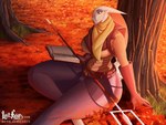 anthro backpack big_breasts big_butt book breasts butt clothing female melee_weapon polearm reading reading_book scarf sitting sitting_on_ground sitting_under_tree solo thick_thighs tight_clothing trident weapon hiverdose last_fables eni_siverets_(last_fables) hare lagomorph leporid mammal 4:3
