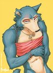 2023 anthro beastars bite bottomless canid canine canis clothed clothing crossdressing eyeshadow hi_res legoshi_(beastars) looking_at_viewer makeup male mammal meesh mostly_nude notched_ear scar simple_background solo v-cut wolf