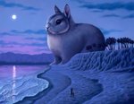 ambiguous_gender beach cloud detailed_background feral full_moon fur grey_body grey_fur group light macro moon moonlight night outside palm_tree plant sand seaside silhouette sky solo_focus tree water whiskers kippycube lagomorph leporid mammal rabbit 2020