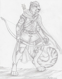 4_toes 5_fingers anthro armor arrow_(weapon) belt body_armor bow_(weapon) brooch chainmail cloak clothing digitigrade feet fingers fluffy fluffy_tail footwear fur gauntlets gloves hair handwear hauberk holding_bow_(weapon) holding_object holding_ranged_weapon holding_weapon leather leather_strap legwear leopard_spots male quiver_(object) ranged_weapon simple_background solo spots standing straps tail toeless_footwear toes topwear weapon whisker_spots whiskers white_background rukis felid mammal pantherine snow_leopard 2016 full-length_portrait portrait sketch traditional_media_(artwork)