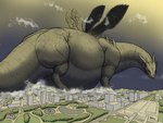 ambiguous_gender city city_crushing city_destruction destruction feral landscape_dwarfing macro multi_wing overweight solo standing tail thick_tail wings meanybeany mythology dragon mythological_creature mythological_scalie scalie