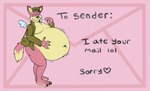 3_toes anthro belly belly_rub big_belly clothed clothing delivery_(commerce) delivery_employee feet fur heart_symbol huge_belly male moobs navel obese obese_anthro obese_male open_mouth overweight overweight_anthro overweight_male pink_body pink_fur postal_carrier postal_delivery solo tail text toes topwear wings freshsqueezedanny cupid fm_(lddc) canid canine fox mammal digital_media_(artwork) english_text hi_res