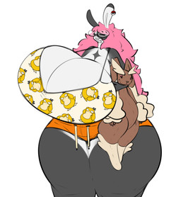 anthro big_breasts bottomwear breasts buckteeth clothed clothing eyes_closed eyewear female fur glasses grey_body hair hug huge_breasts hugging_object hugging_plushie hyper hyper_breasts nerd open_mouth piercing pink_hair plushie pokeball shorts solo teeth thick_thighs topwear white_body white_fur wide_hips persipeach nintendo pokemon ash_(persipeach) generation_1_pokemon generation_4_pokemon lagomorph leporid lopunny mammal pokemon_(species) psyduck rabbit absurd_res digital_media_(artwork) hi_res