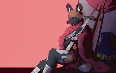 anthro bandage cape clothing eyes_closed female hooped_ear_ring melee_weapon pottery references resting solo sword weapon jowoc_art rain_world sang:_the_desert_blade videocult sang_(sang:_the_desert_blade) african_wild_dog canid canine mammal hi_res