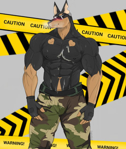 abs anthro army army_clothing army_outfit barazoku barricade_tape belt biceps big_muscles big_pecs black_belt black_body black_clothing black_fingerless_gloves black_fur black_gloves black_handwear blush blush_lines bodily_fluids bottomwear breath camo camo_bottomwear camo_clothing camo_pants camo_print clothed clothing cocky cocky_smile cum cum_drip cum_on_chest dripping fingerless_gloves fur genital_fluids gloves green_bottomwear green_clothing green_pants handwear heart_symbol looking_at_viewer male manly military military_clothing military_pants military_uniform muscular muscular_anthro muscular_male notched_ear orange_body orange_fur pants pattern_bottomwear pattern_clothing pattern_pants pecs police_tape showing_off_muscles smile smiling_at_viewer soldier solo standing sweat sweatdrop sweaty_arms sweaty_body sweaty_chest sweaty_face text thick_arms topless topless_anthro topless_male tough_guy uniform visor warrior reachea alfonz_(reachea) canid canine canis dobermann domestic_dog mammal pinscher english_text
