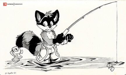 ambiguous_feral ambiguous_gender anthro bottomwear cheek_tuft clothed clothing facial_tuft feral fishing fishing_rod glistening glistening_eyes glistening_nose head_tuft logo male male_anthro markings mouth_closed pants partially_submerged solo standing striped_markings striped_tail stripes tail tail_markings topless tuft young young_anthro young_male pandapaco fish mammal marine procyonid raccoon 2021 artist_logo dated signature spot_color