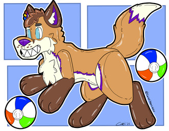3_toes anthro blue_eyes brown_body brown_fur dipstick_tail ear_piercing feet fur male markings orange_body orange_fur piercing pool_toy purple_body purple_fur rainbow_piercings smile solo tail tail_markings toes white_body white_fur candiyeen mochafox_(itsmochafox) canid canine fox mammal red_fox true_fox absurd_res hi_res