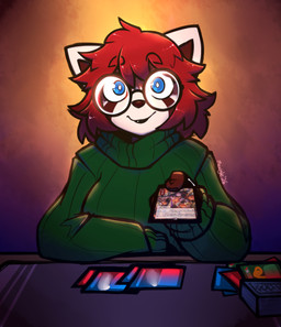 anthro biped blue_eyes breasts claws clothed clothed_anthro clothed_female clothing eyebrow_through_hair eyebrows eyewear female fingers front_view fur glasses green_clothing green_sweater green_topwear hair holding_card looking_at_viewer red_hair round_glasses smile solo sweater text topwear translucent translucent_hair mewgle hasbro magic:_the_gathering wizards_of_the_coast liz_(mewgle) ailurid mammal red_panda 2026 dated digital_drawing_(artwork) digital_media_(artwork) hi_res signature translated