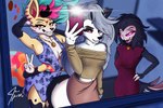 anthro female female/female group looking_at_viewer photo pose selfie trio jace_apollo helluva_boss mythology loona_(helluva_boss) octavia_(helluva_boss) queen_bee-lzebub_(helluva_boss) canid canid_demon canine demon hellhound mammal mythological_canine mythological_creature owl_demon