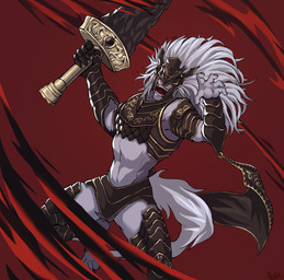 anthro armor biped breastplate cape claws clothing fur hair headgear helmet looking_at_viewer male melee_weapon muscular open_mouth simple_background solo teeth weapon white_body ariswuffo elden_ring fromsoftware maliketh_(elden_ring) canid canine canis mammal wolf absurd_res digital_media_(artwork) hi_res signature
