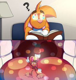 3_toes 4_fingers anthro big_feet big_tongue cartoon_gloves cartoon_physics dancing duo eyebrows eyes_closed eyewear feet fingers glasses inside_mouth macro male male/male mawplay micro paws red_tongue soft_vore tail toes tongue toony toony_moment uvula uvula_play vore wide_tongue doggydog doggydog_(character) roderick_(tamerkoh) toon_doggydog_(doggydog) canid canine canis domestic_dog lagomorph leporid mammal rabbit absurd_res comic hi_res