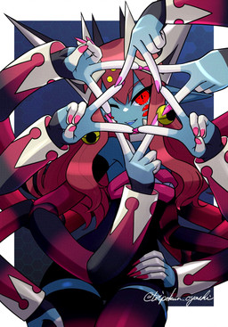 8_arms 8_hands blue_body blue_mouth clothing dark_clothing female gesture hand_gesture hand_on_hip hexagon humanoid_pointy_ears looking_at_viewer multi_arm multi_hand multi_limb multiple_hands occult_symbol one_eye_closed ornate_clothing pentagram pointy_ears red_clothing red_eyes solo symbol unusual_eyes v_sign wink winking_at_viewer toipokun_oyashi humanoid hi_res