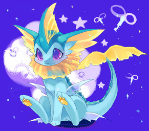 ambiguous_gender blush chibi eyelashes feral kemono pawpads paws purple_eyes raised_tail simple_background sitting solo sparkles star tail yellow_pawpads suppainu nintendo pokemon eeveelution generation_1_pokemon pokemon_(species) vaporeon 2012 digital_media_(artwork) digital_painting_(artwork) painting_(artwork)