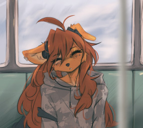 anthro biped clothed clothed_anthro clothed_female clothing electronics eyes_closed female front_view fur hair headphones sitting sleeping solo tattoo teeth tinygaypirate apogee_(tinygaypirate) canid canine canis domestic_dog mammal 2026 digital_drawing_(artwork) digital_media_(artwork) hi_res
