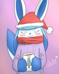 anthro beverage blush blush_lines christmas_clothing christmas_headwear clothed clothing coffee coffee_mug female hat headgear headwear holidays paws santa_hat scarf simple_background smile solo tail glacefrostbite christmas nintendo pokemon eeveelution generation_4_pokemon glaceon humanoid mammal pokemon_(species) 4:5 hi_res