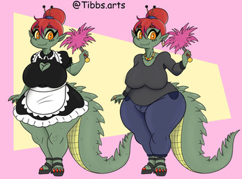 anthro big_breasts bottomwear breasts clothing female green_body hair maid_uniform mature_anthro mature_female non-mammal_breasts orange_eyes overweight overweight_anthro overweight_female pants red_hair shirt solo tail thick_thighs topwear uniform wide_hips tibbs daisy_(tibbs) crocodile crocodilian reptile scalie hi_res model_sheet