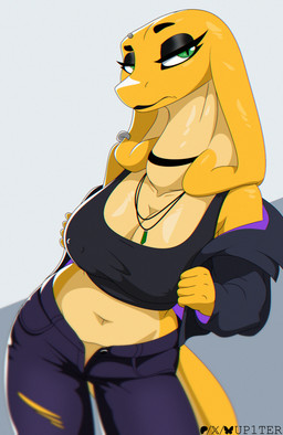 anthro bottomwear choker clothing eyelashes eyeshadow female furgonomic_piercing furgonomics glistening_eyelids green_eyes jewelry long_eyelashes makeup navel necklace nipple_outline nipples pants piercing snake_hood snake_hood_piercing solo torn_bottomwear torn_clothing torn_pants up1ter debra_(deltav) reptile scalie snake hi_res