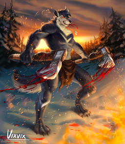 action_pose anthro axe battle battle_axe blood bodily_fluids clipped_ear fighting_pose male melee_weapon muscular muscular_male pose snow solo weapon vixvixart osiris_callisto canid canine canis mammal werecreature wolf absurd_res hi_res