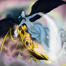 anthro arms_outstretched cloud duo electricity flying holding_arm lightning looking_at_another male multi_tail night snow tail wings fledgedragonfox mythology fledge_(fledgedragonfox) johny_thunder_(johny_thunder) canid canine canis demon dragon fox hybrid mammal mythological_creature mythological_scalie scalie wolf 1:1