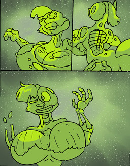 acid ambiguous_gender anthro big_breasts bone breasts clothing crop_top dissolved_clothing dissolving dissolving_clothing dissolving_skin duo fatal female feral fur gloves gore green_body hair handwear huge_breasts shirt skeleton slime tan_body tan_fur teeth thick_thighs topwear translucent unwilling_prey vore virus-20 june_coyote blob_creature canid canine canis coyote mammal 2016 comic digital_media_(artwork)