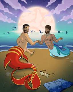 abs beard blue_tail bracelet clothing discarded_clothing duo ear_piercing ear_ring eyewear facial_hair glasses group jewelry light male male/male merfolk_transformation moon moonlight muscular muscular_male muscular_on_muscular navel necklace nipples pecs piercing rear_view red_tail ring_piercing sea silhouette silhouetted_body smile species_transformation split_form swimming_trunks swimwear tail transformation water frankly-art animal_humanoid aquatic aquatic_humanoid aquatic_taur humanoid merfolk taur 4:5 hi_res