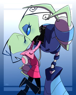 antennae_(anatomy) blue_clothing blue_eyes blush clothing duo eyelashes female female/female green_body green_skin hug kiss_on_lips kissing looking_at_viewer pink_clothing reaching_towards_viewer size_difference slim smaller_female tall_female inimoose invader_zim nickelodeon almighty_tallest_miyuki invader_tenn alien humanoid irken 4:5 absurd_res hi_res