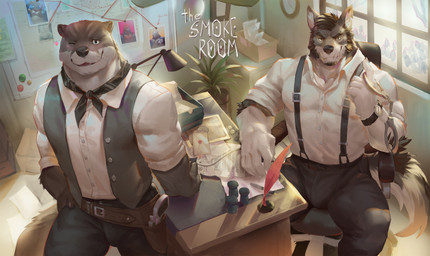 5_fingers anthro beard black_bottomwear black_clothing black_pants blush bottomwear brown_body brown_eyes brown_fur chair clock clothed clothing cuff_(restraint) duo eyebrows facial_hair facial_scar fingers fully_clothed fur furniture grey_clothing grey_topwear grey_vest grin gun hair handcuffs heart_symbol holster information_board inside kerchief lamp letter looking_at_viewer loose_feather male manly metal_cuffs multicolored_body multicolored_fur muscular muscular_anthro muscular_male neck_tuft neckerchief neckwear office one_eye_closed open_mouth pants paper pen plant plant_pot potted_plant quill ranged_weapon restraints scar shackles shirt sideburns smile suspenders tan_body tan_fur text topwear tuft two_tone_body two_tone_fur vein veiny_muscles vest watch weapon whiskers white_body white_clothing white_fur white_shirt white_topwear whiteboard window wink writing_utensil mamaduo echo_(series) echo_project the_smoke_room todd_bronson william_adler canid canine canis coyote mammal mustelid otter 2020 absurd_res digital_media_(artwork) english_text hi_res