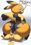 anthro big_butt bodily_fluids butt clothed clothing cosplay_pikachu_(costume) cum dialogue duo feet female female_on_top genital_fluids genitals huge_butt larger_female male male/female on_top penis size_difference smaller_male soles speech_bubble text toes chipchell nintendo pokemon pikachu_libre generation_1_pokemon pikachu pokemon_(species) 2022 english_text hi_res