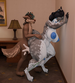 anthro big_breasts big_butt big_nipples blue_eyes blue_nipples bodily_fluids breasts butt cum cum_inside duo ejaculation female genital_fluids leg_tattoo male male/female neckline nipples pressed_against_wall short_top tall_bottom tattoo thick_thighs wide_hips goblin_boog goblin_booger_snort rivela_(rivetstheblue) 3d_(artwork) digital_media_(artwork)