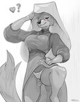 anthro blush bodily_fluids breasts brooch camel_toe canid canine clothed clothing clothing_lift disney dress dress_lift female fluffy fluffy_tail fox front_view genital_fluids greyscale headdress heart_symbol hi_res jewelry maid_marian mammal monochrome necklace panties pussy_juice_through_clothing robin_hood_(disney) smile solo tail underwear vaginal_fluids wet wet_clothing xerun