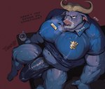 abs anthro badge barazoku beverage biceps big_bulge big_muscles big_pecs big_penis blue_body blue_fur blue_penis bodily_fluids breath bulge clenched_teeth clothed clothing coffee coffee_mug dialogue ear_piercing ear_ring ears_down erection erection_under_clothing fur furniture genitals hooves horn huge_bulge huge_muscles huge_pecs huge_penis humanoid_genitalia humanoid_penis ineffective_clothing looking_at_viewer male muscular muscular_anthro muscular_male name_tag narrowed_eyes navel nipple_outline pecs penis piercing pivoted_ears police police_badge police_officer police_uniform ring_piercing shirt simple_background sitting solo sweat table talking_to_viewer teeth tenting text thick_penis thick_thighs thong tight_clothing topwear tuft underwear uniform wet wet_body wet_clothing wet_fur eruprior tora_gy disney zootopia chief_bogo bovid bovine cape_buffalo mammal 2023 artist_collaboration english_text hi_res signature