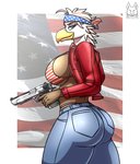 5_fingers accessory american_flag anthro back_boob beak bedroom_eyes big_breasts big_butt biped blue_eyes border bra breasts brown_body brown_feathers butt butt_pose clothed clothing curvy_figure desert_eagle eyelashes feathers female fingers flag flag_background gun handgun headband holding_gun holding_object holding_ranged_weapon holding_weapon hourglass_figure huge_breasts kerchief looking_at_viewer looking_back looking_back_at_viewer multicolored_body multicolored_feathers narrowed_eyes non-mammal_breasts open_clothing open_topwear patriotic_clothing pistol pose ranged_weapon rear_view seductive simple_background smile solo thick_thighs topwear underwear united_states_of_america weapon white_body white_border white_feathers wide_hips yellow_beak tacticalfur rosie_(breegulleagle) accipitrid accipitriform avian bald_eagle bird eagle sea_eagle 2020 digital_media_(artwork) hi_res pinup portrait shaded signature three-quarter_portrait