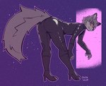 anthro bent_over butt clothing footwear high_heels latex latex_clothing latex_suit male shoes simple_background solo ailensolid canid canine mammal hi_res