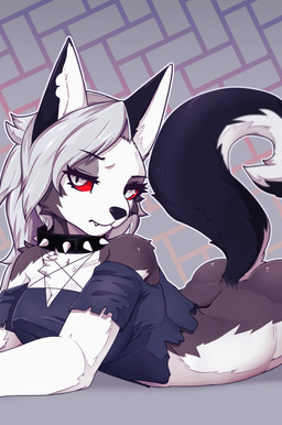 anthro arched_back bare_shoulders black_nose bottomless breasts butt cleavage clothed clothing collar crop_top eyelashes female frown grey_hair hair half-closed_eyes long_hair looking_at_viewer lying narrowed_eyes notched_ear occult_symbol on_front outline pattern_background pentagram pupils raised_tail red_sclera shirt side_view simple_background slit_pupils snaggle_tooth solo spiked_collar spikes symbol tail topwear torn_crop_top white_outline ricky945 hellaverse helluva_boss loona_(helluva_boss) canid canid_demon canine canis demon mammal wolf 2021 hi_res
