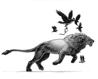 ambiguous_gender feral fur group lamp lantern male paws simple_background white_background tamberella avian bird felid lion mammal pantherine 2019 monochrome traditional_media_(artwork)