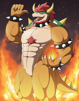 abs anthro arm_tuft beard biceps bracelet chest_tuft claws collar countershading detailed_background elbow_tuft elemental_manipulation facial_hair featureless_crotch fire fire_manipulation gesture green_body green_scales hair hand_gesture horn jewelry male muscular muscular_anthro muscular_male muscular_thighs nude open_mouth orange_body orange_scales pecs pointing pointing_at_self red_eyes red_hair scales sharp_teeth shell solo spiked_bracelet spiked_collar spiked_shell spikes spikes_(anatomy) tan_body tan_countershading tan_scales teeth tuft yellow_horn yellow_spikes kurenai_(artist) mario_bros nintendo bowser koopa scalie absurd_res hi_res