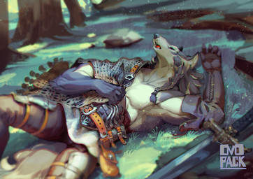 5_fingers anthro belt fingers forest fur lying male melee_weapon multicolored_body multicolored_fur on_back open_mouth outside plant sleeping solo sword teeth tree two_tone_body two_tone_fur weapon ovopack canid canine canis mammal wolf 2015