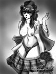 big_ears black_nipples bottomwear breasts clothing fluffy fluffy_tail gynomorph hair intersex leggings legwear long_hair markings mole_(marking) nipples panties shirt simple_background skirt small_mouth small_nose solo tail topwear underwear chanrom mammal greyscale hi_res monochrome