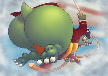 anthro belly big_butt bottomless bottomless_anthro bottomless_male butt claws clothed clothing fangs gun half-closed_eyes hat headgear headwear holding_gun holding_object holding_ranged_weapon holding_rope holding_weapon jacket looking_at_viewer male narrowed_eyes obese obese_anthro obese_male open_clothing open_jacket open_mouth open_topwear overweight overweight_anthro overweight_male pirate_hat ranged_weapon rope scales solo tail teeth topwear weapon vetoknox donkey_kong_(series) nintendo king_k._rool crocodile crocodilian reptile scalie 2025 hi_res