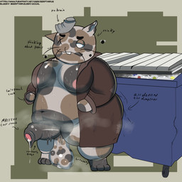 anthro balls big_balls big_butt big_penis bodily_fluids butt clothing dumpster flies_for_smell foreskin fur genital_fluids genitals huge_balls huge_penis leaking_precum male missing_eye moobs multicolored_body multicolored_fur musk nipples obese obese_male overweight overweight_male penis precum saggy_balls simple_background solo standing text thick_thighs seriftarkus mewgenics trampy_(mewgenics) arthropod domestic_cat felid feline felis fly_(animal) insect mammal 1:1 hi_res url