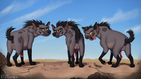 animal_genitalia animal_penis anus blue_sky butt claws cloud countershade_crotch countershade_neck countershade_torso countershading day digitigrade erection facial_markings feral fur genitals gloves_(marking) grey_body grey_fur grin grinning_at_viewer group head_markings hyaenid_penis leg_markings looking_at_viewer male markings muzzle_(marking) outside penis pink_penis pink_tongue presenting presenting_hindquarters quadruped raised_tail sky smile smiling_at_viewer socks_(marking) spots spotted_body spotted_fur tail tail_anus text tongue tongue_out trio yellow_sclera avoid_posting stenminer disney the_lion_guard the_lion_king cheezi_(the_lion_guard) chungu janja_(the_lion_guard) hyena mammal spotted_hyena 2025 absurd_res artist_name digital_media_(artwork) digital_painting_(artwork) english_text handwritten_text hi_res painting_(artwork) shaded soft_shading male_(lore)