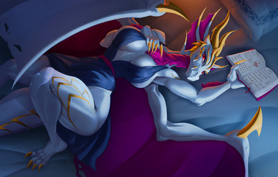 anthro bed big_breasts blue_clothing blue_dress book breasts claws clothed clothing dress female fur furniture golden_claws hand_on_breast holding_book holding_object horn looking_at_viewer lying on_back on_bed purple_body purple_fur red_eyes smile solo thick_thighs white_body wings yellow_horn mari_lovi mythology dragon mythological_creature mythological_scalie scalie hi_res