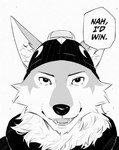 anthro biped clothed clothing dialogue eyebrows front_view fully_clothed fur hat headgear headwear kemono looking_at_viewer male open_mouth open_smile simple_background smile solo style_emulation talking_to_viewer teeth text tuft white_background ixkouu epic_games fortnite jujutsu_kaisen nah_i'd_win gojo_satoru wendell_(fortnite) canid canine canis mammal wolf 2024 black_and_white bust_portrait english_text hi_res meme monochrome portrait reaction_image