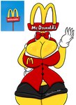 5_fingers big_breasts bottomwear bow_tie breasts clothing female fingers gloves handwear shorts simple_background solo uniform white_background yellow_body lewdchuu_(artist) mcdonald's animate_inanimate humanoid hi_res