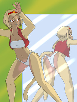 anthro bandeau blonde_hair bra breasts butt clothed clothing female fur hair looking_at_mirror looking_at_object looking_at_reflection mirror panties presenting presenting_hindquarters reflection solo topwear underwear vest yellow_body yellow_fur sewlde yang-mei_(sewlde) haplorhine mammal monkey primate 3:4 hi_res